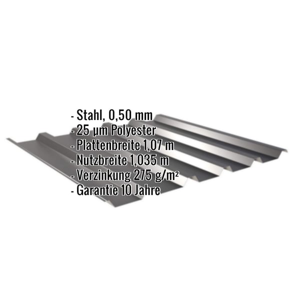 Trapezblech 35/207 Tiefschwarz, Stahl 0,50 mm, mit eingeblendeten Eckdaten zu Material, Beschichtung und Massen