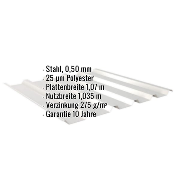 Trapezblech 35/207, Weißaluminium, mit eingeblendeten technischen Daten zu Material, Stärke und Beschichtung