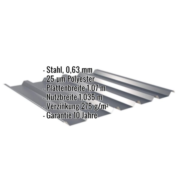 Trapezblech 35/207 anthrazitgrau, 0,63 mm Stahl, mit eingeblendeten Eckdaten