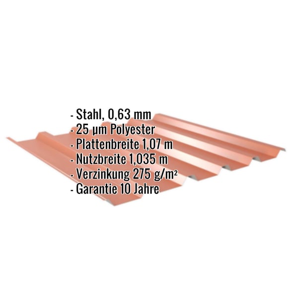 Trapezblech 35/207 in Kupferbraun, Stahl 0,63 mm, 25 µm Polyester, mit eingeblendeten Eckdaten