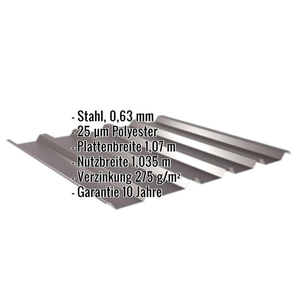 Trapezblech 35/207 in Schokoladenbraun, Stahl 0,63 mm, mit eingeblendeten technischen Daten