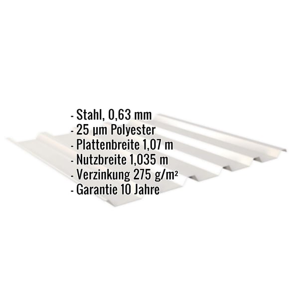 Trapezblech 35/207, Grauweiß, mit eingeblendeten Eckdaten zu Material, Stärke und Garantie