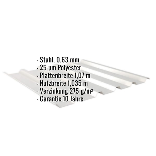 Trapezblech 35/207, Weißaluminium, mit eingeblendeten Eckdaten zu Material, Stärke und Beschichtung