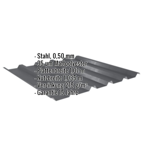 Trapezblech 35/207 dunkelgrau, 0,50 mm Stahl mit 35 µm Mattpolyester-Beschichtung, Eckdaten eingeblendet