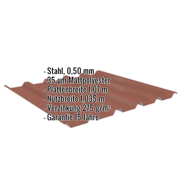 Trapezblech 35/207 Ziegelrot, 0,50 mm Stahl, mit eingeblendeten Eckdaten und Garantiehinweis