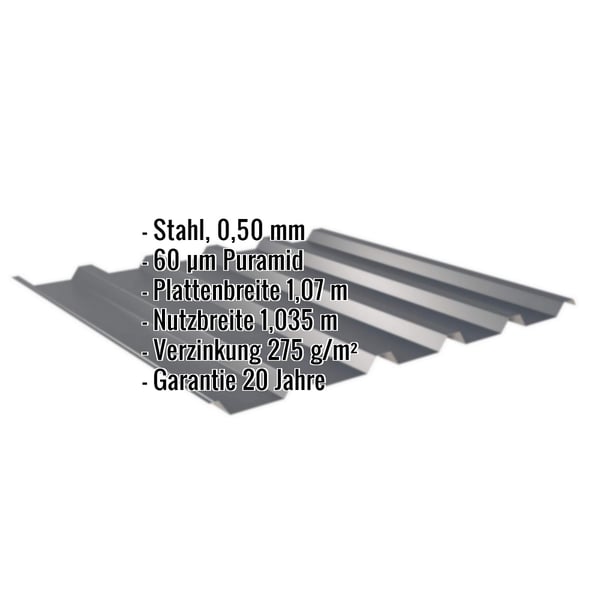 Trapezblech 35/207, Anthrazitgrau, 0,50 mm Stahl mit Puramid Beschichtung, Eckdaten eingeblendet