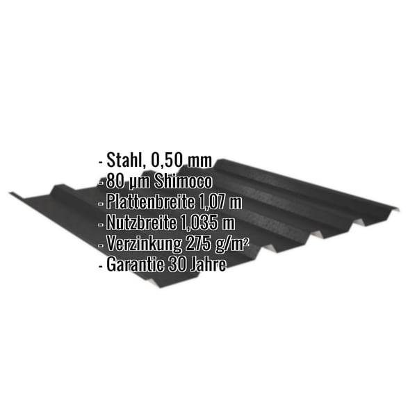 Trapezblech 35/207 Tiefschwarz, Stahl 0,50 mm, mit eingeblendeten Eckdaten zu Material und Beschichtung