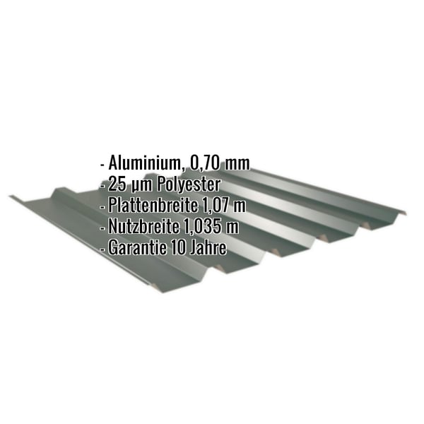 Trapezblech 35/207 Aluminium 0,70 mm Moosgrün mit eingeblendeten Eckdaten zu Material, Beschichtung und Massen