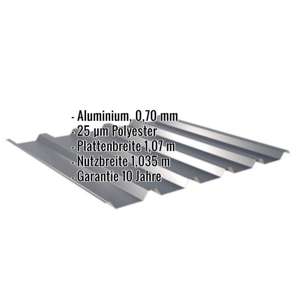 Trapezblech 35/207 Aluminium 0,70 mm Anthrazitgrau, mit eingeblendeten Eckdaten zu Material, Staerke und Massen