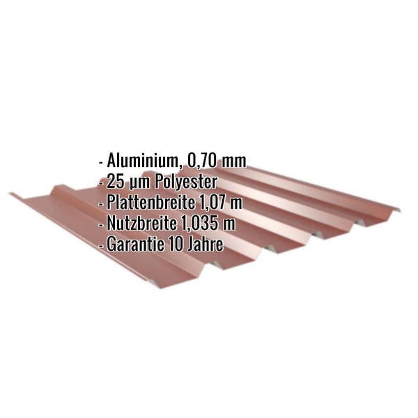 Trapezblech 35/207 Aluminium 0,70 mm Rotbraun, mit eingeblendeten Eckdaten zu Material, Staerke und Garantie