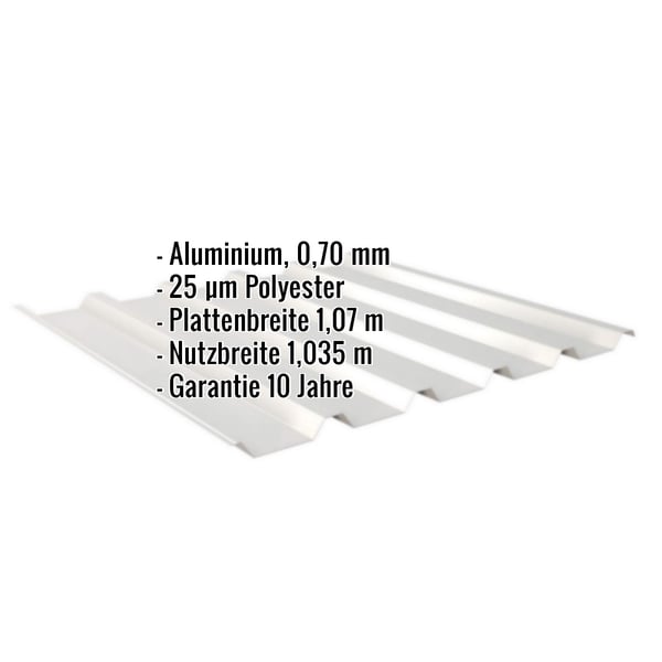 Trapezblech 35/207 Aluminium Weißaluminium RAL 9006 mit eingeblendeten Eckdaten und Garantiehinweis