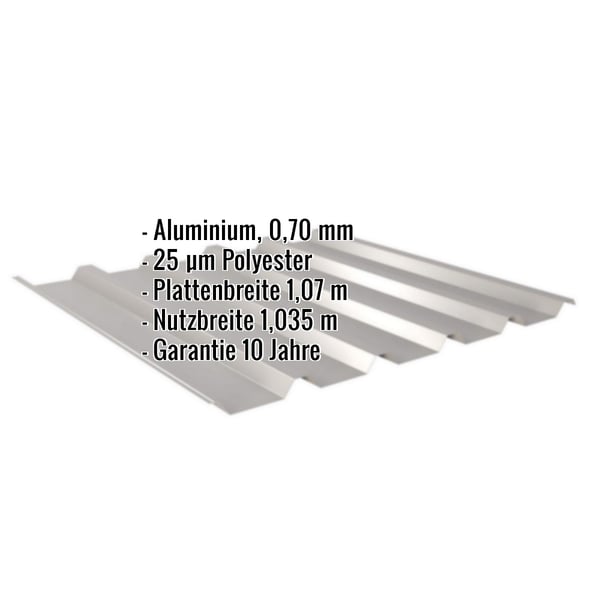 Trapezblech 35/207 Aluminium 0,70 mm Graualuminium mit eingeblendeten Eckdaten und Garantiehinweis