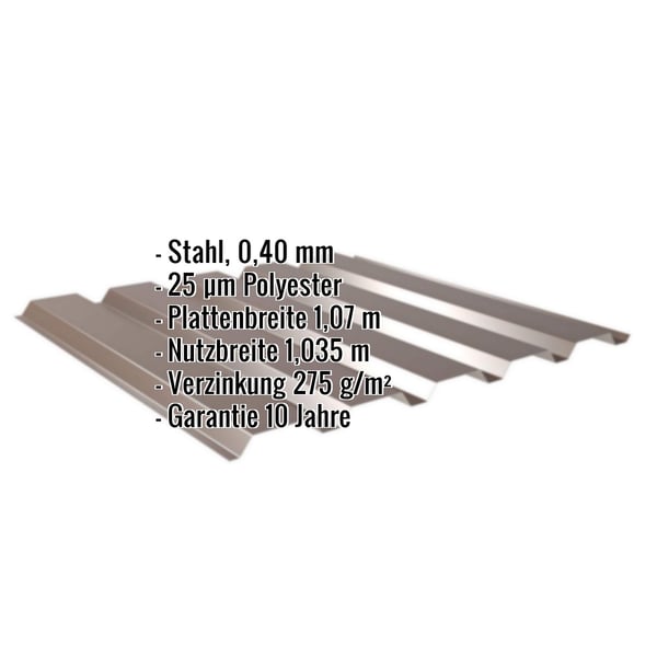 Trapezblech 35/207 Sepiabraun RAL 8014, Stahl 0,40 mm, mit eingeblendeten Eckdaten
