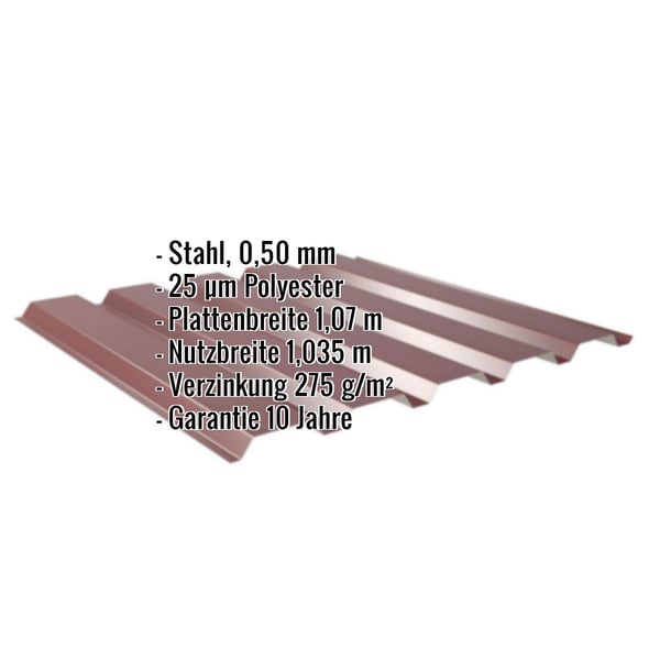 Trapezblech 35/207 weinrot, Stahl 0,50 mm, mit eingeblendeten Eckdaten