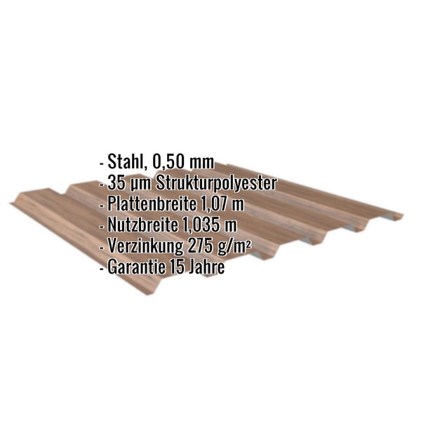 Trapezblech 35/207 in Eiche, 0,50 mm Stahl, mit eingeblendeten Eckdaten zu Material und Garantie