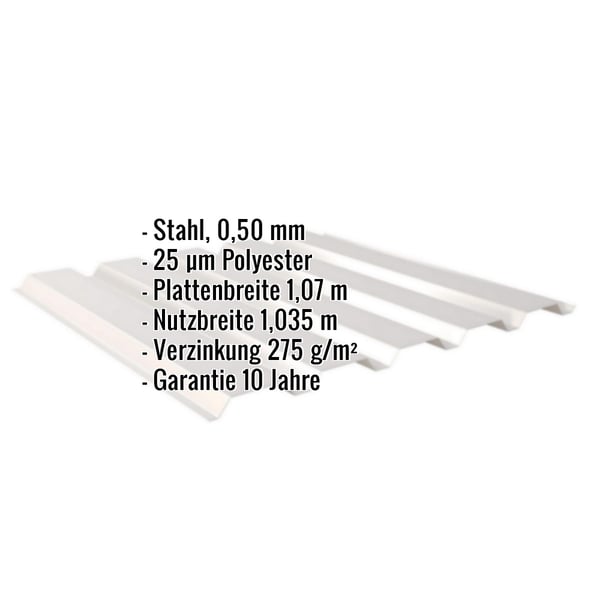 Trapezblech 35/207 Wand, Stahl 0,50 mm, Lichtgrau RAL 7035, mit eingeblendeten Eckdaten