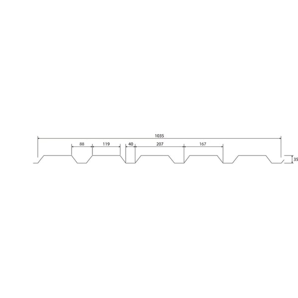 Technische Zeichnung Trapezblech 35/207 Wand, Profil mit Massangaben in mm, Nutzbreite 1035 mm