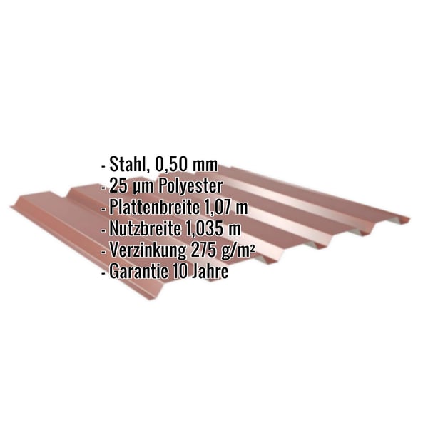 Trapezblech 35/207 Wand Rotbraun RAL 8012, 0,50 mm, mit eingeblendeten Eckdaten