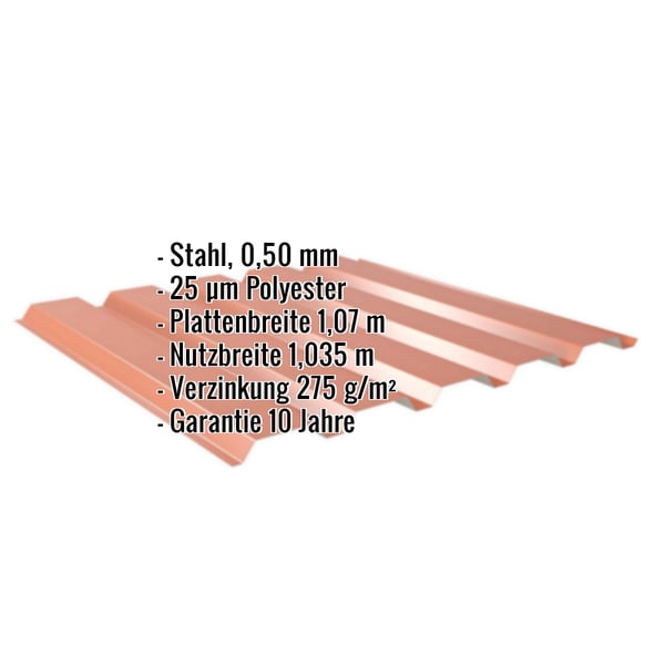 Trapezblech 35/207 Kupferbraun mit eingeblendeten Eckdaten zu Material, Staerke und Garantie