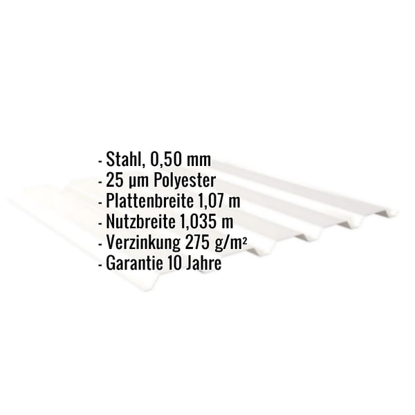 Trapezblech 35/207 Wand Reinweiß RAL 9010, 0,50 mm Stahl, mit Eckdaten-Einblendung