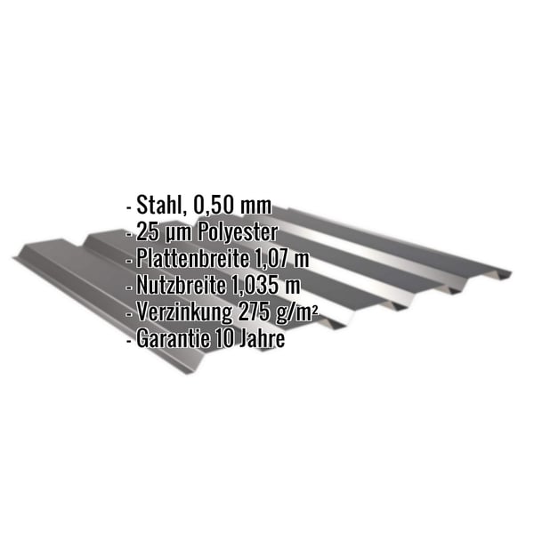 Trapezblech 35/207 Tiefschwarz, Stahl 0,50 mm, mit eingeblendeten Eckdaten zu Material und Massen