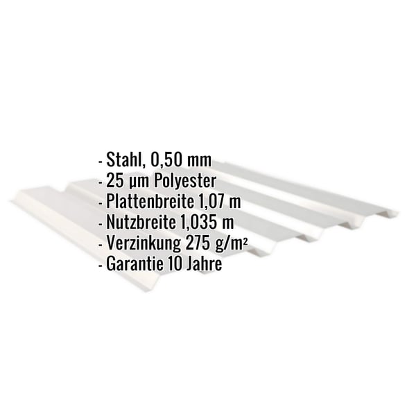 Trapezblech 35/207 Wand, Weißaluminium, mit eingeblendeten Eckdaten zu Material, Staerke und Garantie