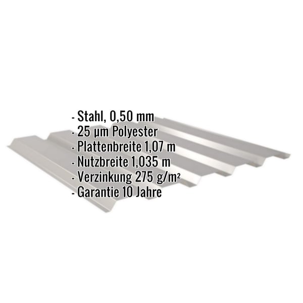 Trapezblech 35/207 Wand, Graualuminium, mit eingeblendeten Eckdaten zu Material, Staerke und Beschichtung