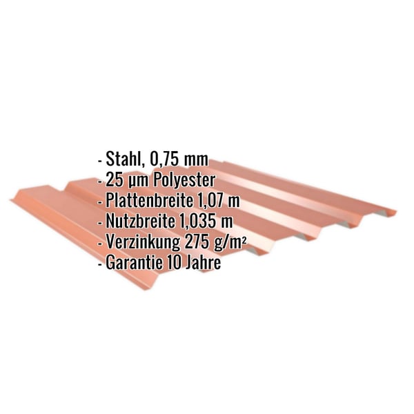 Trapezblech 35/207 Wand Kupferbraun mit eingeblendeten Eckdaten Stahl 0,75 mm und 25 µm Polyesterbeschichtung
