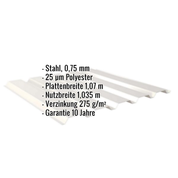 Trapezblech 35/207 Wand, Grauweiß RAL 9002, 0,75 mm Stahl, Infografik mit Eckdaten