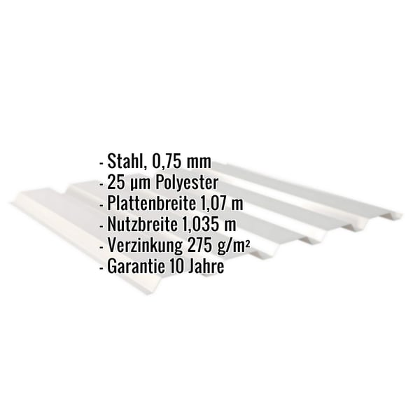 Trapezblech 35/207 Wand, Weißaluminium, mit eingeblendeten Eckdaten zu Material, Stärke und Beschichtung