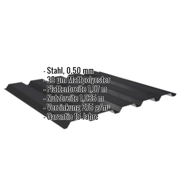 Trapezblech 35/207 Wand, Stahl 0,50 mm Schwarz Mattpolyester, mit eingeblendeten Eckdaten