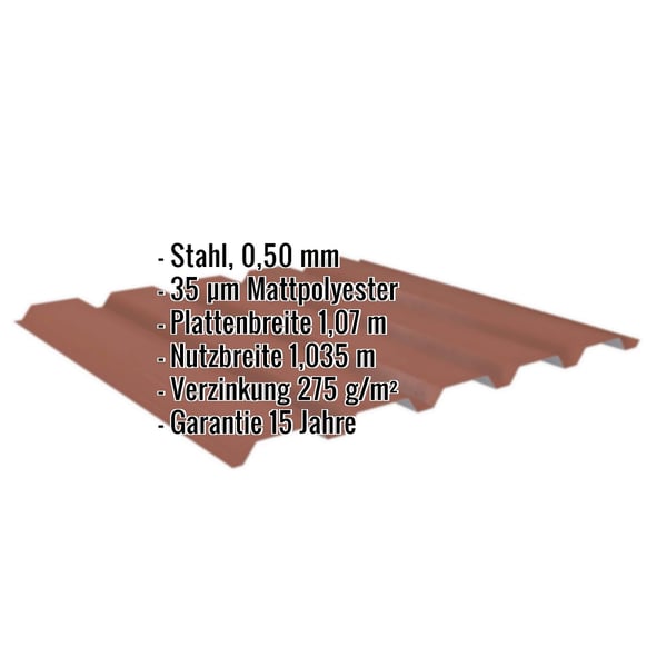 Trapezblech 35/207, Ziegelrot, 0,50 mm Stahl, mit eingeblendeten Eckdaten zu Material und Massen