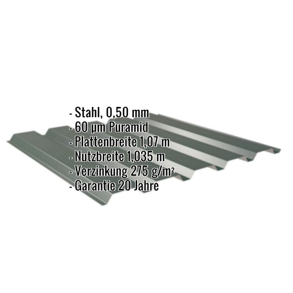 Trapezblech 35/207 Moosgrün mit eingeblendeten Eckdaten: Stahl, 0,50 mm, 60 µm Puramid, Plattenbreite, Nutzbreite,