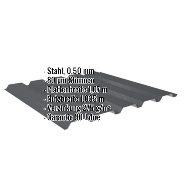 Trapezblech 35/207, Anthrazitgrau RAL 7016, Stahl 0,50 mm, mit eingeblendeten Eckdaten