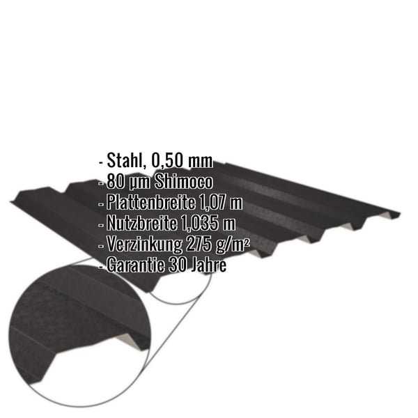 Trapezblech 35/207 Tiefschwarz, Stahl 0,50 mm, Shimoco 80 µm, mit eingeblendeten Eckdaten