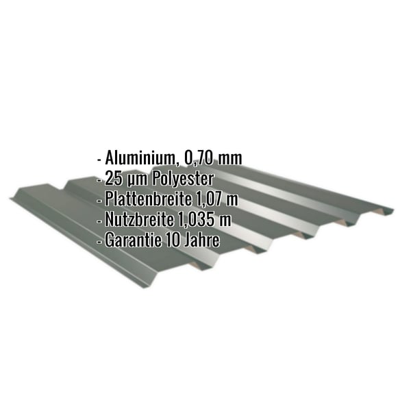 Trapezblech 35/207 Aluminium 0,70 mm Moosgrün RAL 6005 mit eingeblendeten Eckdaten