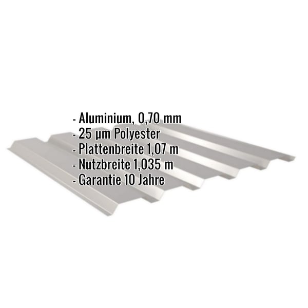 Trapezblech 35/207 Aluminium Graualuminium, Infografik mit Eckdaten zu Material, Staerke, Beschichtung und Massen