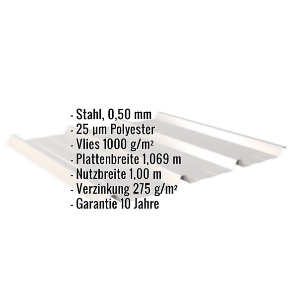 Trapezblech 45/333 Lichtgrau, 0,50 mm Stahl, mit eingeblendeten Eckdaten zu Material und Massen