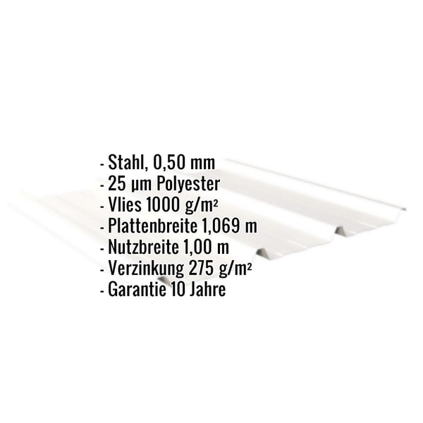 Trapezblech 45/333 Reinweiß mit eingeblendeten Eckdaten zu Material, Stärke, Beschichtung und Maßen
