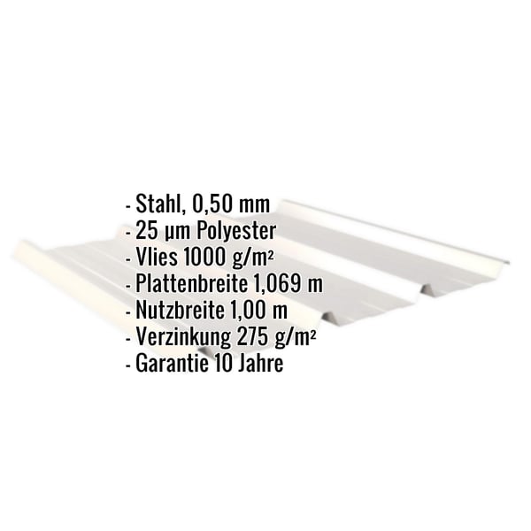 Trapezblech 45/333, Grauweiß RAL 9002, mit eingeblendeten Eckdaten zu Material, Stärke und Beschichtung