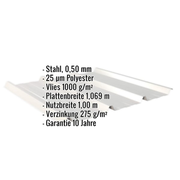 Trapezblech 45/333 Dach Weißaluminium mit eingeblendeten Eckdaten zu Material, Stärke, Beschichtung und Maßen