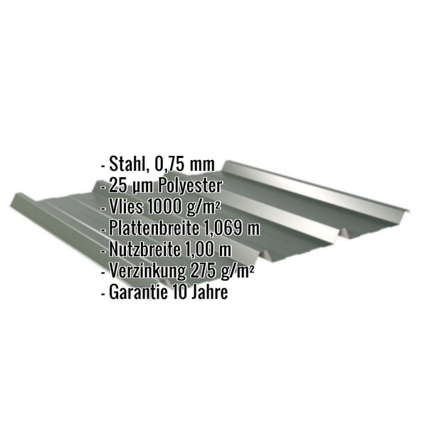 Trapezblech 45/333 Chromoxidgrün, 0,75 mm Stahl, mit Anti-Tropf-Vlies und eingeblendeten technischen Daten