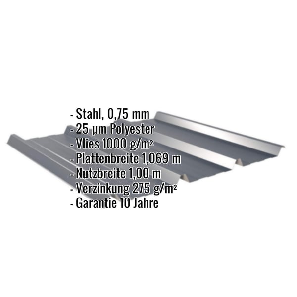 Trapezblech 45/333 Anthrazitgrau, Stahl 0,75 mm, Polyesterbeschichtung, Vlies 1000 g/m², Infografik mit Eckdaten