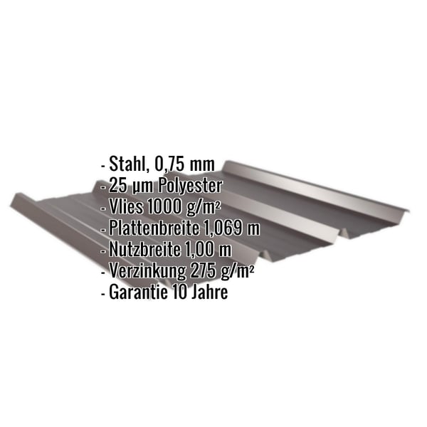 Trapezblech 45/333, schokoladenbraun, mit eingeblendeten Eckdaten zu Material, Staerke, Beschichtung und Garantie