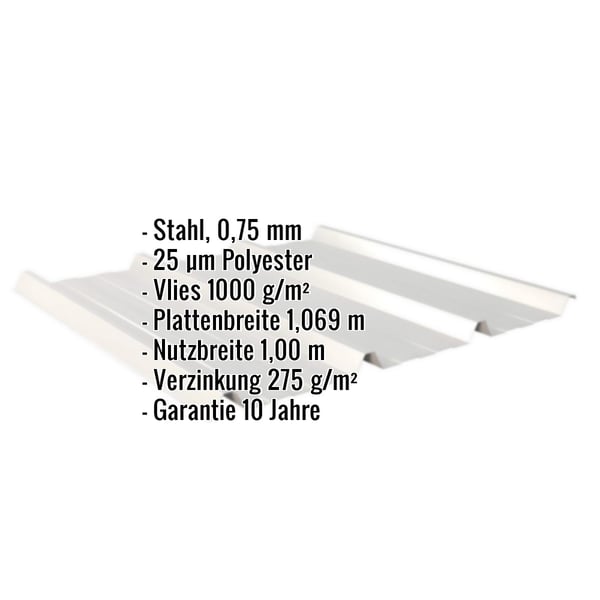 Trapezblech 45/333, Weißaluminium, mit eingeblendeten Eckdaten zu Material, Stärke und Beschichtung