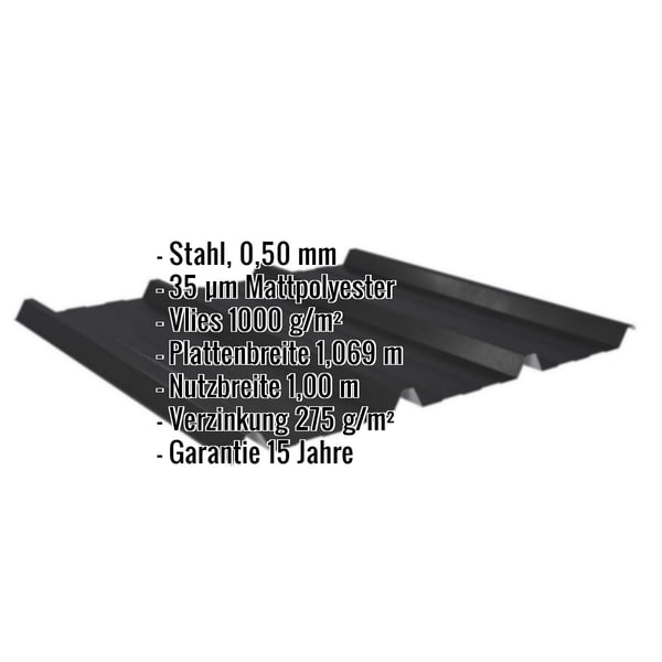 Trapezblech 45/333 schwarz mit Anti-Tropf-Vlies und eingeblendeten Produktdaten