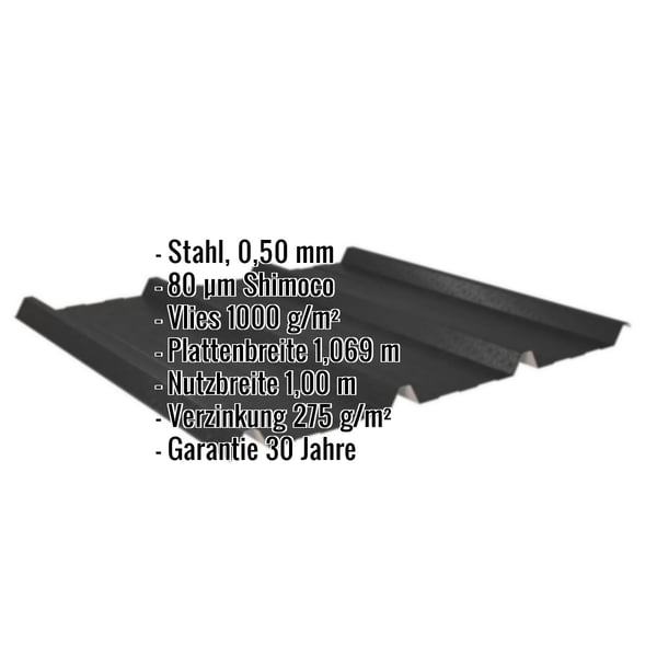 Trapezblech 45/333 Tiefschwarz mit eingeblendeten Eckdaten: Stahl 0,50 mm, 80 µm Shimoco, Vlies 1000 g/m², 30 Jahre Garantie