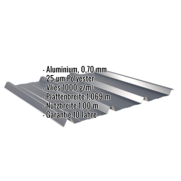 Trapezblech 45/333 Aluminium 0,70 mm Anthrazitgrau mit eingeblendeten Eckdaten und Garantiehinweis