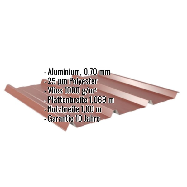 Trapezblech 45/333 rotbraun mit eingeblendeten Eckdaten zu Material, Staerke, Beschichtung und Massen