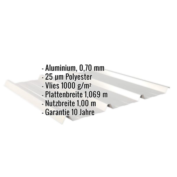 Trapezblech 45/333, Weißaluminium, mit eingeblendeten Eckdaten zu Material, Beschichtung und Massen